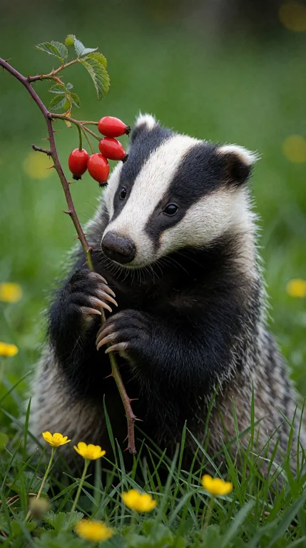A European Badger Sits In Lush Grass, Grasping A Thorny Bran...