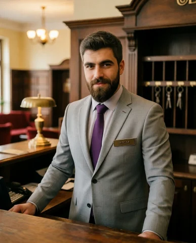 Mirc3a, Working As A Hotel Receptionist. He Is Wearing A Wel... — Stable Diffusion AI Prompt: Mirc3a, working as a hotel receptionist. He is wearing a well-fitted light grey...