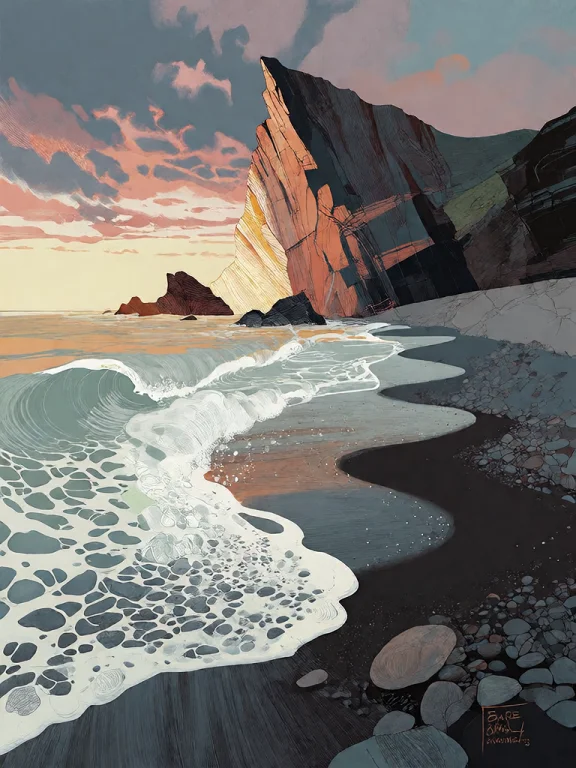 Bradhamel Art Style. A Serene Coastal Landscape At Dusk, Fea...