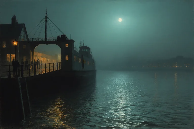 In The Manner Of Grimshaws Moonlit Visions, Ferry Landing At...