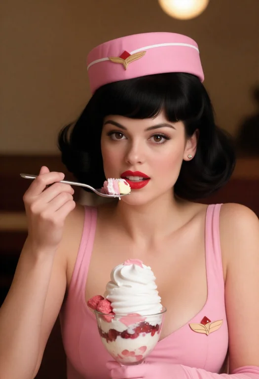 Bettybapp, Pink Flight Attendant Outfit, Black Hair, Eating...
