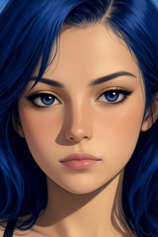 Woman Face Closeup, Blue Hair, Sunset Gradient Shadow, Extra...