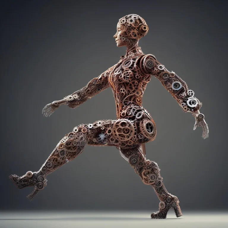Female Robot Made Of Gears, In A Gym Studio, Dancing, Smilin...