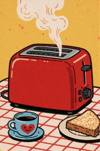 Folk Comic Illustration. A Red Kitchen Toaster On A Table. — Stable Diffusion AI Prompt: folk comic illustration. A red kitchen toaster on a table.