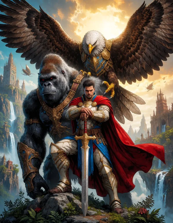 Comic-book Fantasy Illustration Of A Male Hero Standing Besi...