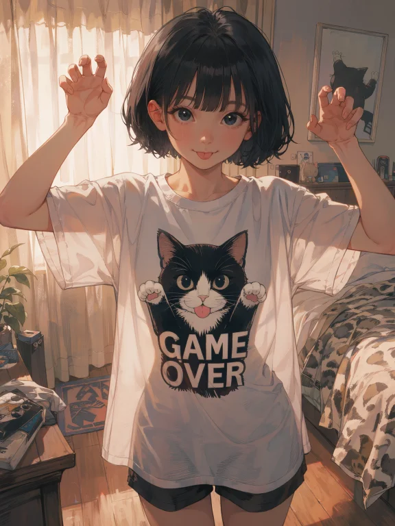 Masterpiece, Best Quality, Score9,1girl, Shirt, Shorts, Cat,...