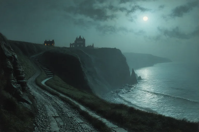 In The Manner Of Grimshaws Moonlit Visions, Cliff Path Above...