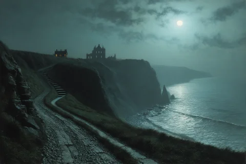 In The Manner Of Grimshaws Moonlit Visions, Cliff Path Above... — Stable Diffusion AI Prompt: In the manner of Grimshaw's moonlit visions, cliff path above Whitby at night wi...