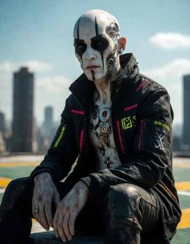 A Weathered Outlaw, Seated With A Calm Cinematic Attitude, W... — Stable Diffusion AI Prompt: a weathered outlaw, seated with a calm cinematic attitude, wearing a futuristic...
