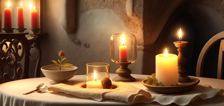 Wax Candles, In A Cement Candlestick, Stand On A Napkin On T...