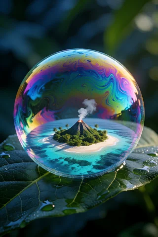 Extreme Macro Photography Of A Single, Perfect Soap Bubble R... — Stable Diffusion AI Prompt: Extreme macro photography of a single, perfect soap bubble resting on a wet dark...