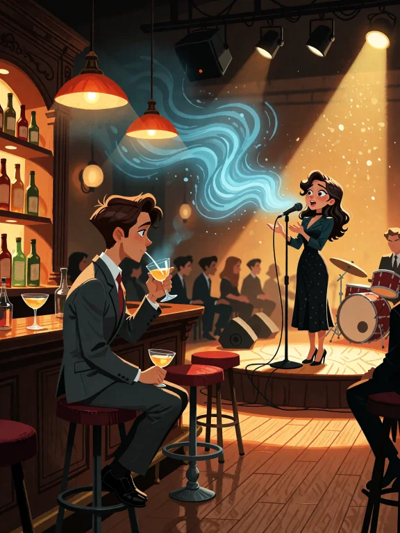 A Warm, Dimly Lit Jazz Club Interior, A Sharply Dressed Patr...
