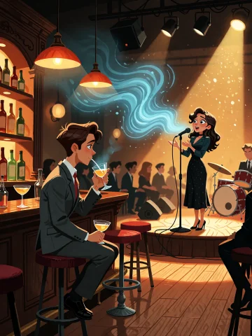 A Warm, Dimly Lit Jazz Club Interior, A Sharply Dressed Patr... — Stable Diffusion AI Prompt: A warm, dimly lit jazz club interior, a sharply dressed patron nursing a drink a...
