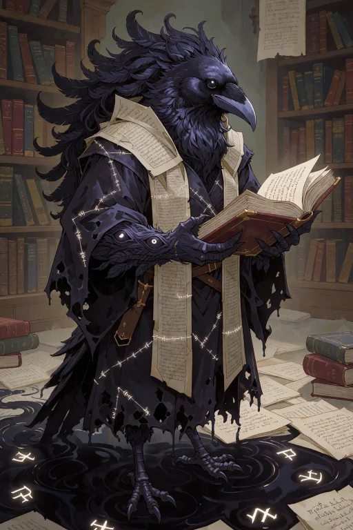 An Anthropomorphic Raven Mage Whose Feathers Constantly Drip...