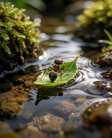 Close Up View Of An Ant Boating Tiny Leaf Down The Creek — Stable Diffusion AI Prompt: Close up view of an ant boating tiny leaf down the creek