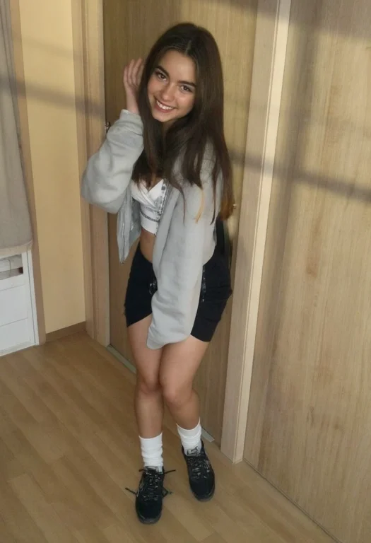 A Young Woman, Full-body Standing, Shoulder-length, Dark Bro...