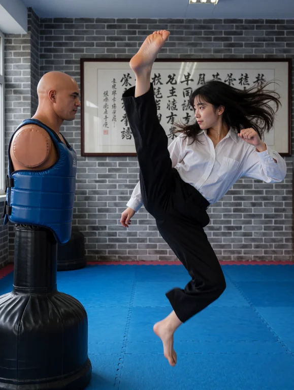 A Photorealistic Freeze-frame Action Shot Inside A Martial A...