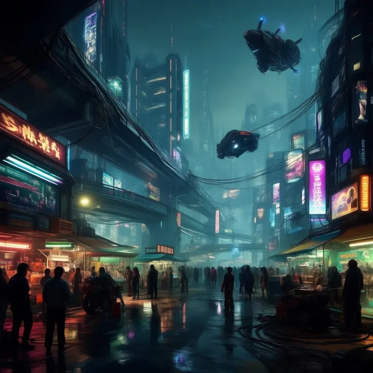 Neon-decay, A Crowded Cyberpunk Street At Night, Towering Fu...