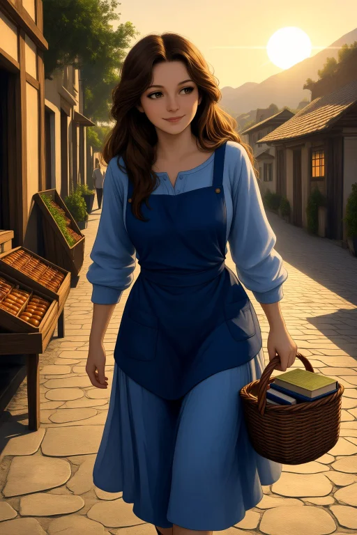 Belle Walking Through A Village Morning Market, Blue Dress A...