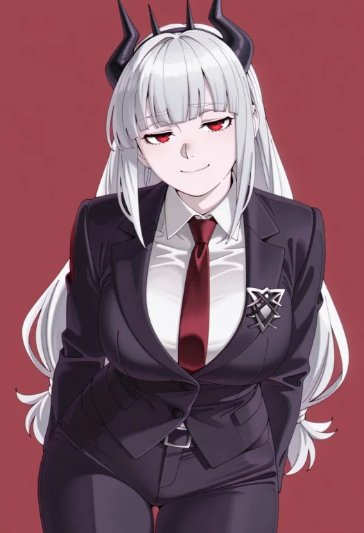 Ojisty, 1girl, Solo, Lucifer Helltaker, Long White Hair, Red...