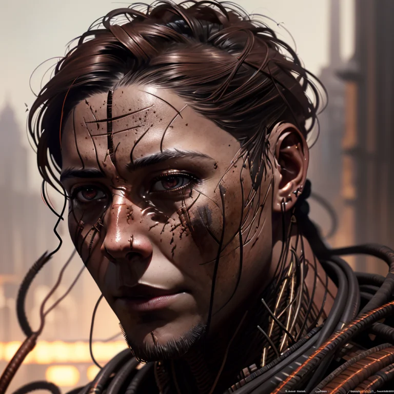 Portrait Of A Dark God, Copper Wires, Visible Scars And Nerv...