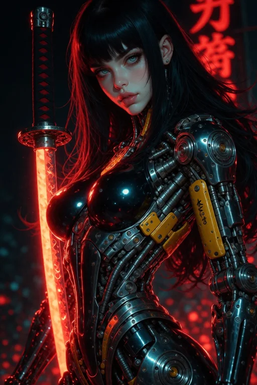 Cowboy Shot View. Android Woman, Assertive Expression, Full...