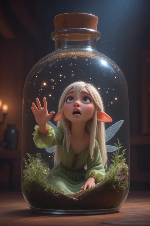 1girl, Woman Fairy Trapped In A Huge Glass Bottle, Blone Hai...