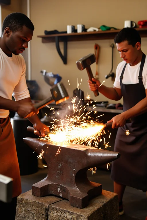 A Blacksmith And Apprentice Striking The Anvil In Alternatin...
