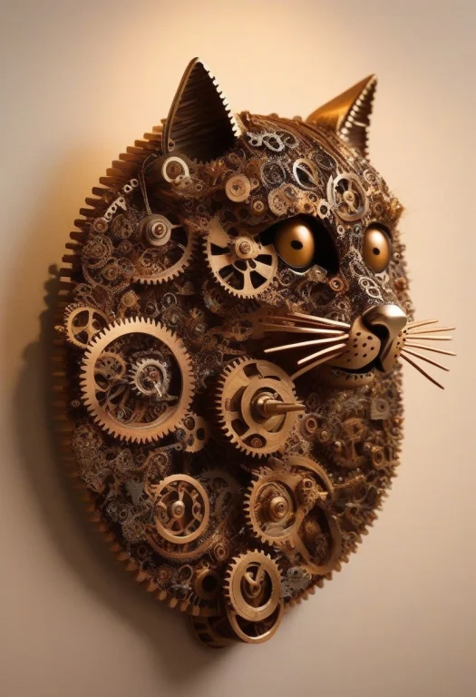 Gearstyle, A Clockwork Cat Made Of Brass Gears Peeking Out O...