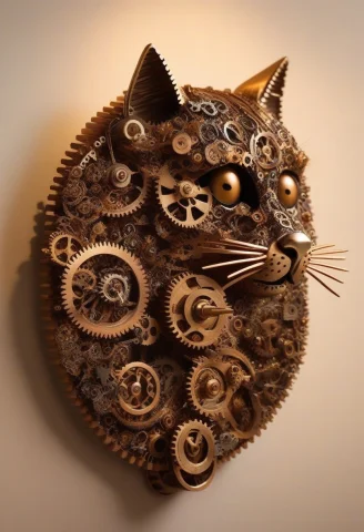 Gearstyle, A Clockwork Cat Made Of Brass Gears Peeking Out O... — SDXL AI Prompt: gearstyle, a clockwork cat made of brass gears peeking out of a cuckoo clock ins...