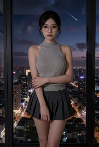 夜晚的高层公寓室内，一位28岁的黑发黑眸东亚轻熟女子站在一整面... — Stable Diffusion AI Prompt: 夜晚的高层公寓室内，一位28岁的黑发黑眸东亚轻熟女子站在一整面落地观景窗前，镜头以...
