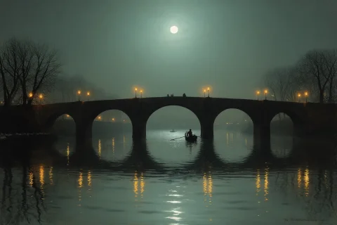 In The Manner Of Grimshaws Moonlit Visions, Stone Bridge Ove... — Stable Diffusion AI Prompt: In the manner of Grimshaw's moonlit visions, stone bridge over a slow river at n...