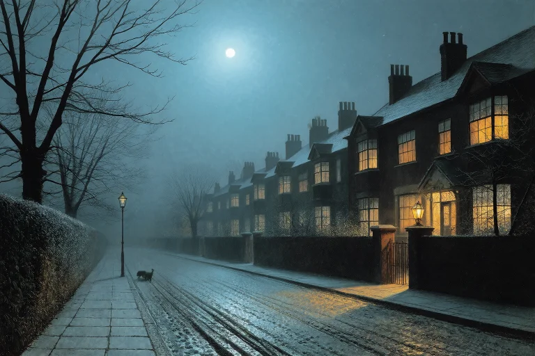 John Atkinson Grimshaw Style, Suburban Villa Road At Night W...