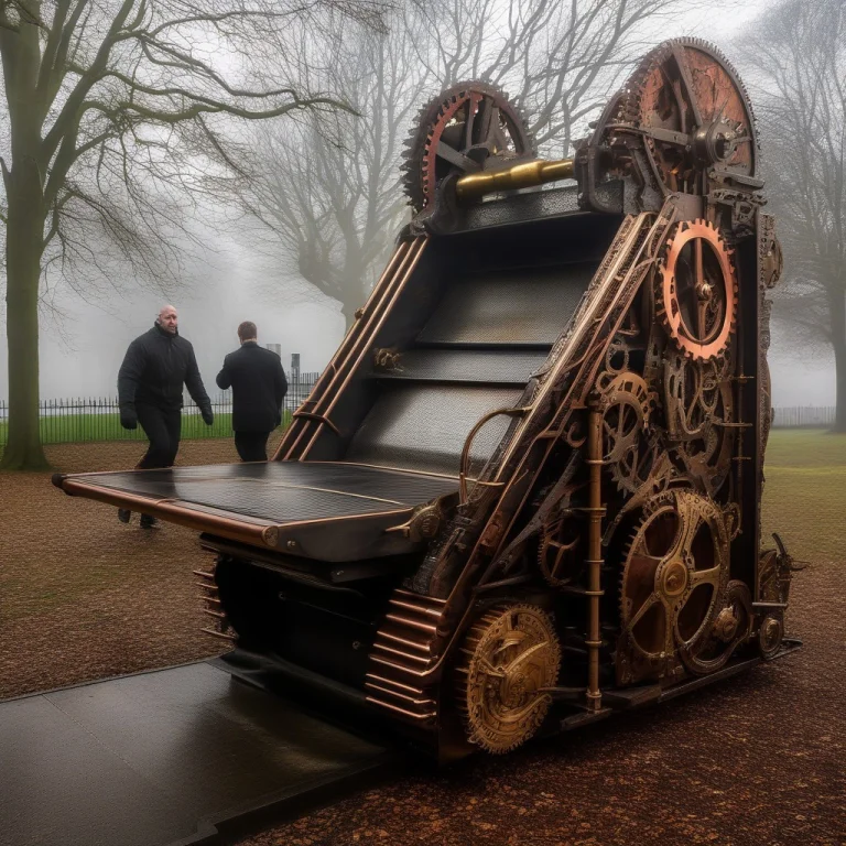 A Steampunk Outdoor Treadmill In A Park On A Lightly Foggy M...