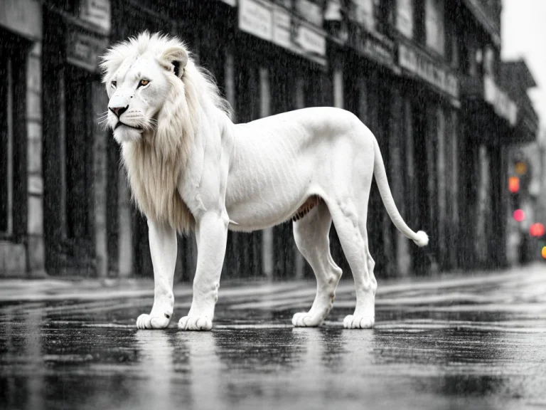 White Lion On The Rainy Street, Depth Of Field, Sharp Focus,...