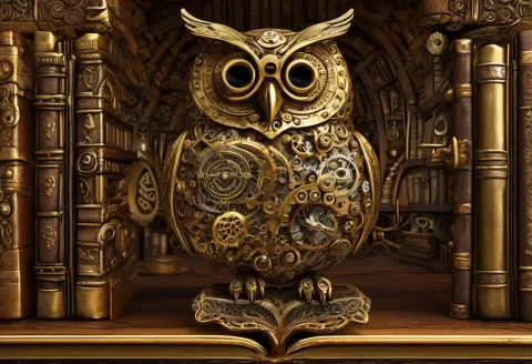 Mystical Funny Gearstyle Steampunk Owl With Gear Spectacles... — SDXL AI Prompt: mystical funny gearstyle steampunk owl with gear spectacles reading upside down...