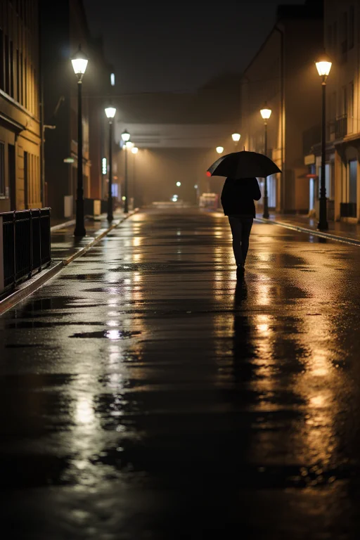 Wet Asphalt After Rain Reflecting Gas Lamps And A Walking Fi...