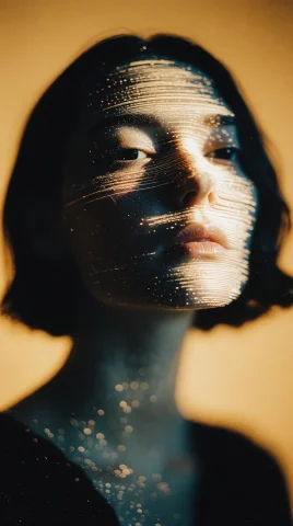 Surreal Close-up Portrait Of A Woman Emerging From A Field O... — Stable Diffusion AI Prompt: surreal close-up portrait of a woman emerging from a field of warm amber, her fa...