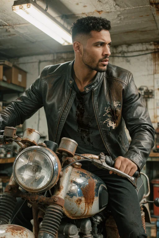 A Gritty Action Portrait Of A Man With Dark Skin And A Short...