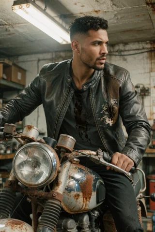 A Gritty Action Portrait Of A Man With Dark Skin And A Short... — Stable Diffusion AI Prompt: A gritty action portrait of a man with dark skin and a short fade haircut, strad...