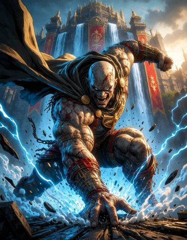 A Battle-worn Mutant Warrior With A Flowing Cape, Landing Ha... — Stable Diffusion AI Prompt: a battle-worn mutant warrior with a flowing cape, landing hard in a crouched imp...
