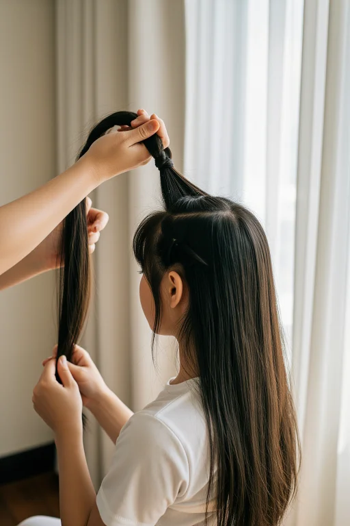 A Mother Braiding Her Daughters Long Hair, Three Strands Sep...
