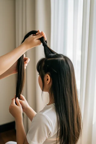 A Mother Braiding Her Daughters Long Hair, Three Strands Sep... — Stable Diffusion AI Prompt: A mother braiding her daughter's long hair, three strands separated, daughter ho...