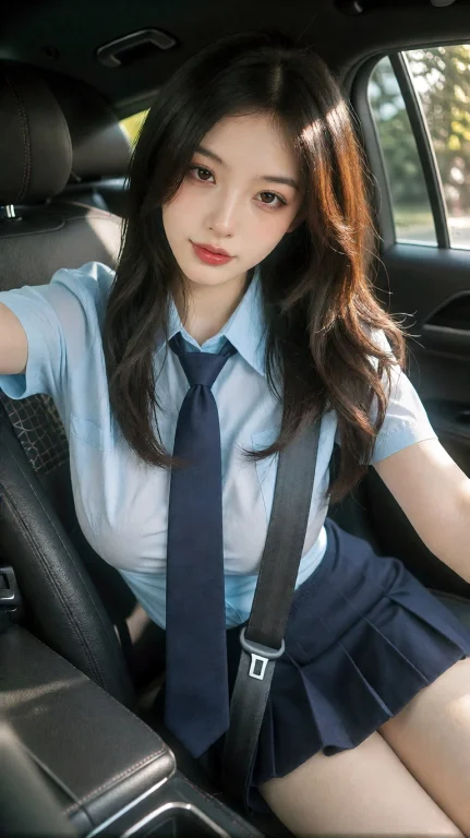 **一位年轻东亚女性坐在汽车后座上,长直深棕色头发柔顺光泽,头...