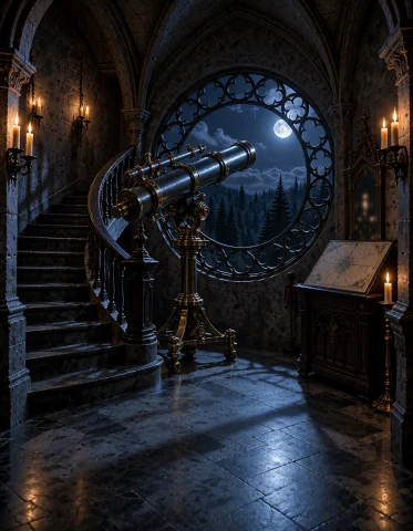 G0th1c M4ns10n, Photorealistic Frontal View Inside A Circula... — Stable Diffusion AI Prompt: G0th1c m4ns10n, photorealistic frontal view inside a circular gothic observatory...