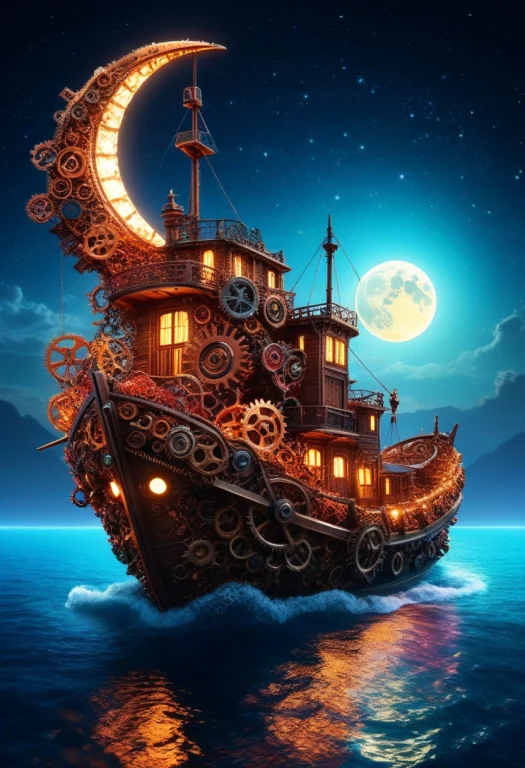 Made Of Gears, Boat Made Of Gears, Sea, Neon Lights, Glowing...