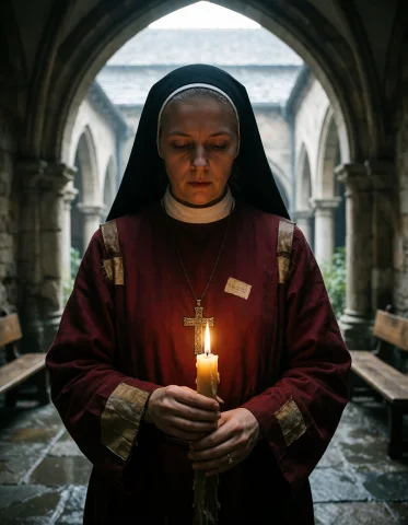Document, In One Photorealistic Frame Centered On A Cloister... — Stable Diffusion AI Prompt: Document, in one photorealistic frame centered on a cloistered musician-nun in h...