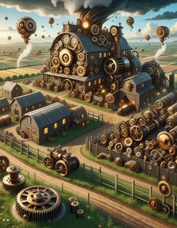 A Scene Of A Farm, With A Tornado Made Outof Steampunk Gears...