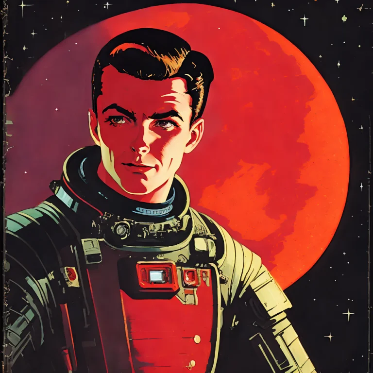 Painting Of A Man Wearing A Red Scifi Spacesuit, Dark Backgr...