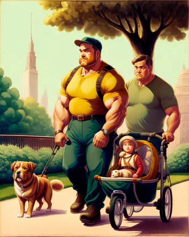 A Muscle Man Standing Next To A Child In A Stroller With A D...